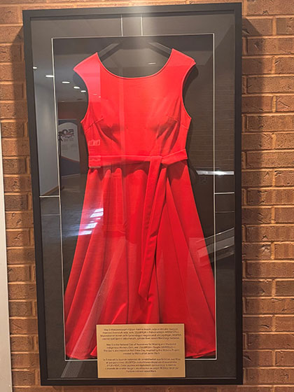 Photo d’une robe rouge montée dans un cadre foncé, orné d’une plaque dorée.